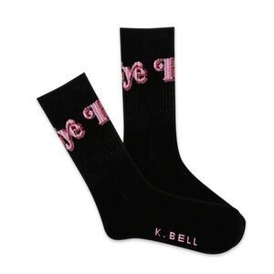 K BELL WOMENS GRAPHIC COTTON SOCKS HI BYE BLACK PINK OS NWT
